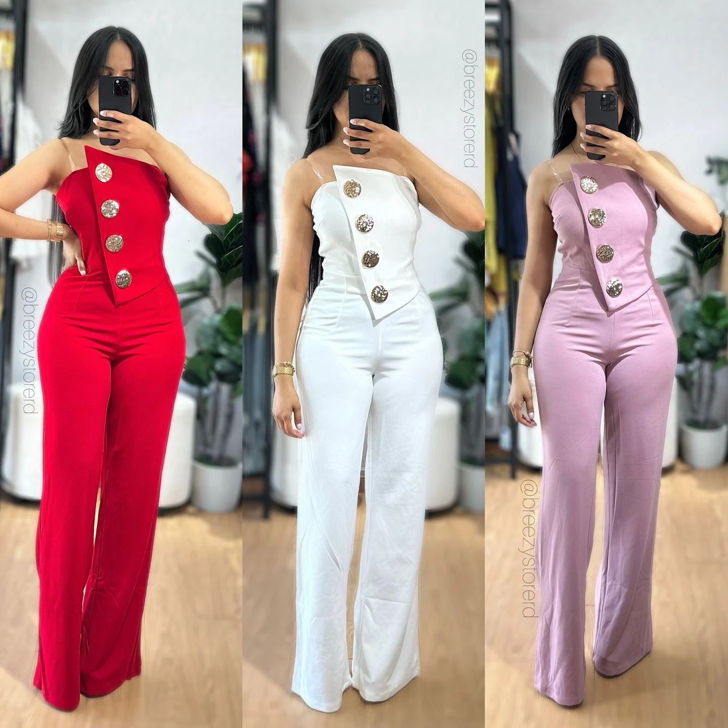 2024 Asymmetrical Bandeau Strapless Jumpsuit Metal Button Decor Casual Overalls 250521