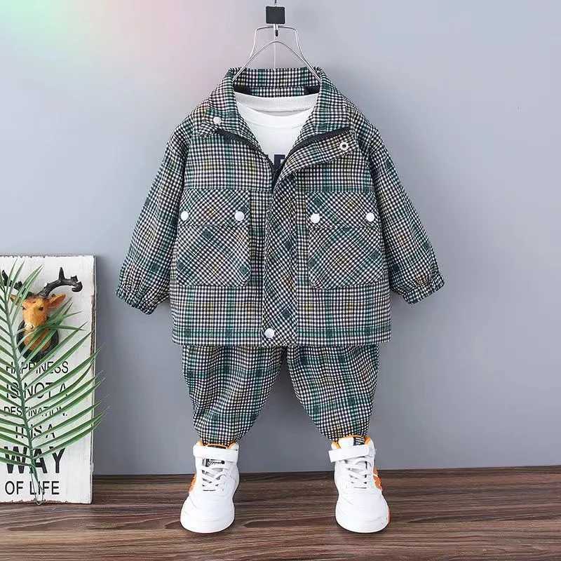 Boys Spring and Autumn Set 2024 New Childrens Fashionable and Fashionable Clothes Boys Checkered Coat and Pants Kids Outfits R250605