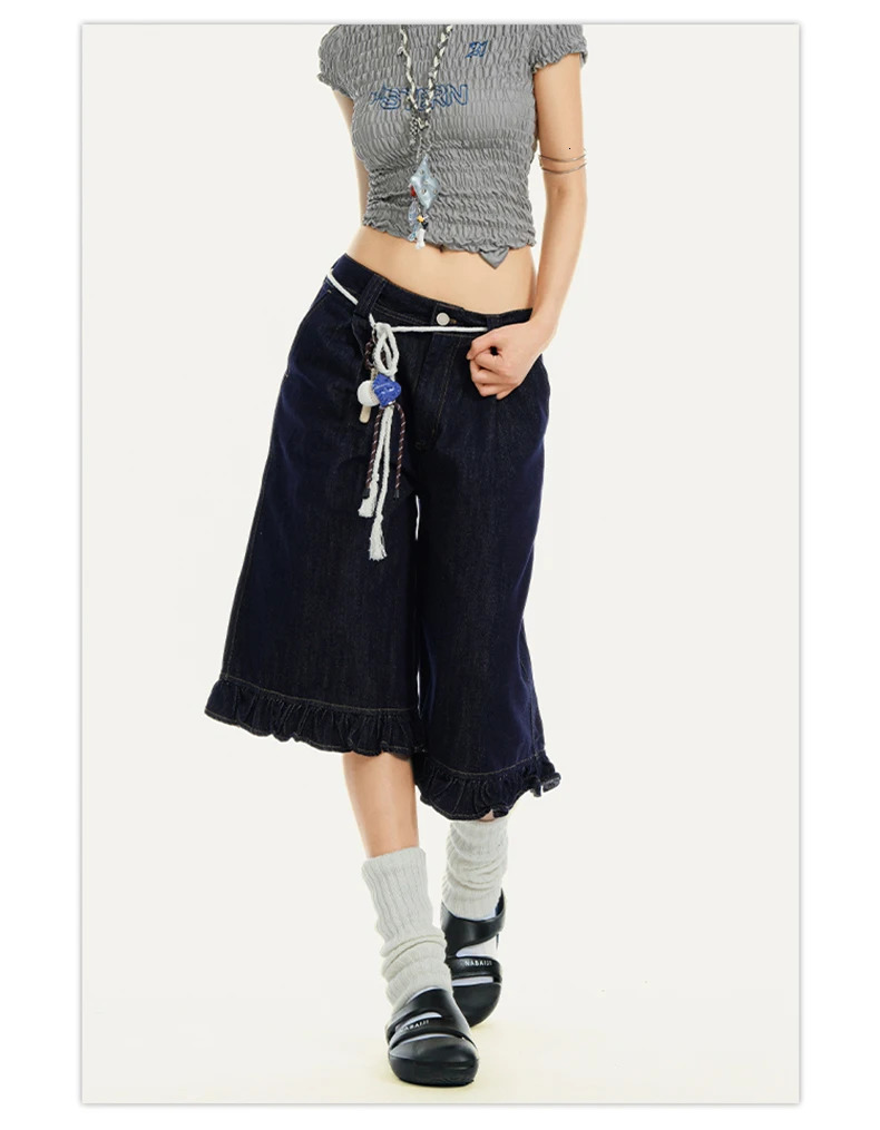 Summer Women Evening Y2k Streetwear Jorts Gyaru Ruffle Denim Shorts Low Waist 2000s Japanese Harajuku Jean Pants Korean Fashion 250604