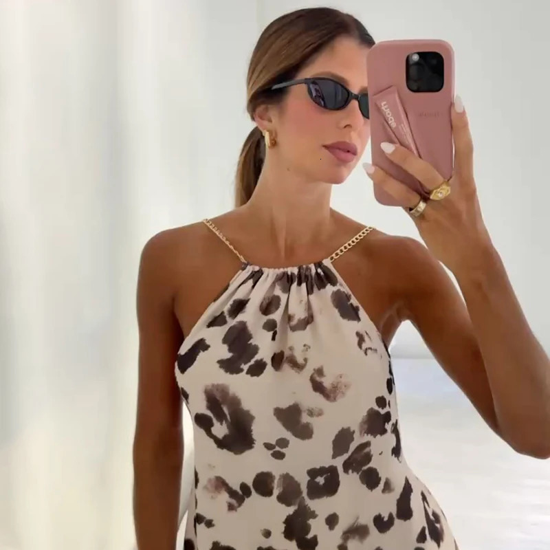 CUTENOVA WomenS Irregular Printed Hanging Neck Back Straps Backless Halter Loose Short Dress Summer Fashion Street Dresses 250604