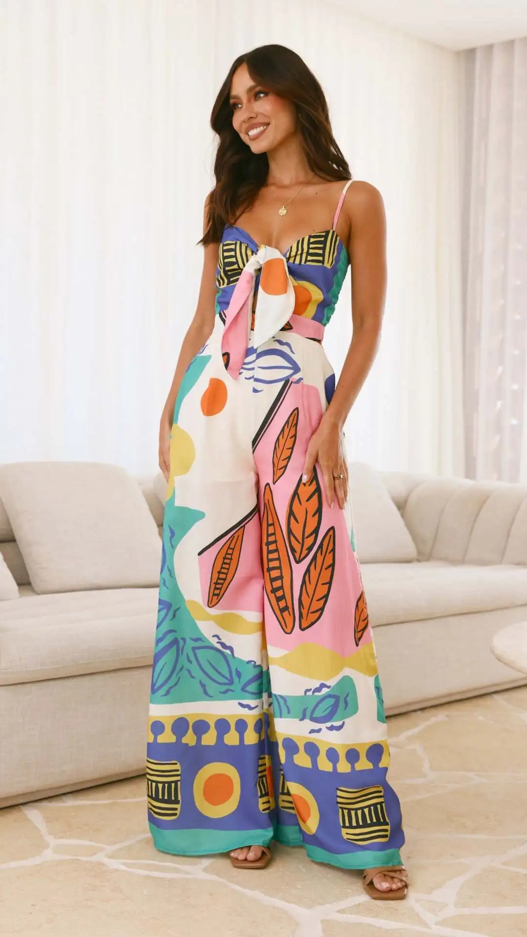 VEITCHE Summer Style Women Print Spaghetti Strap Jumpsuits Sexy Hollow Out Laceup High Waist Wide Legs Bohemian Jumpsuit 250604