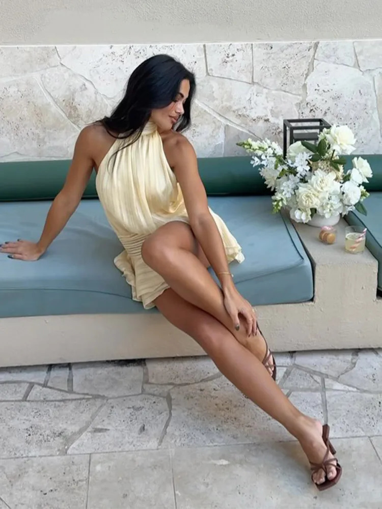 Women Elegant Lotus Leaf Edge Halter Mini Dress Casual Sleeveless Ruffled Retract Waist Robe 2025 Summer Fashion Commute 250605