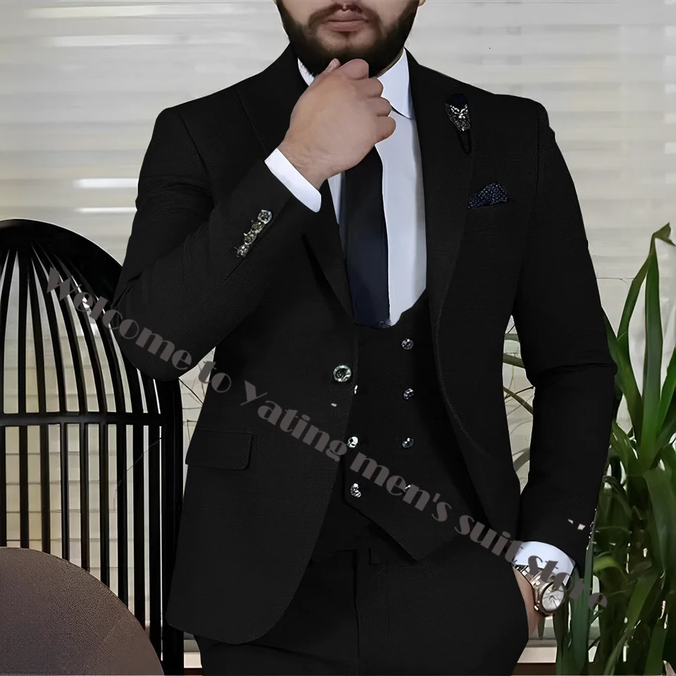 3 Piece Business Mens Suit Jacket Pants Vest Silver Button Formal Male Suit Multiple Colors Wedding Groom Tuxedo 250530