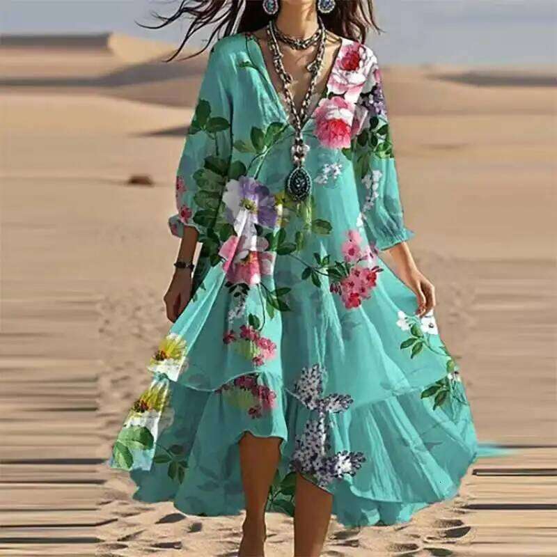 Summer Women V-Neck Floral Print Vintage Dresses Casual Loose Long Sleeve Irregular Lotus Leaf Edges Beach Dress Streetwear New