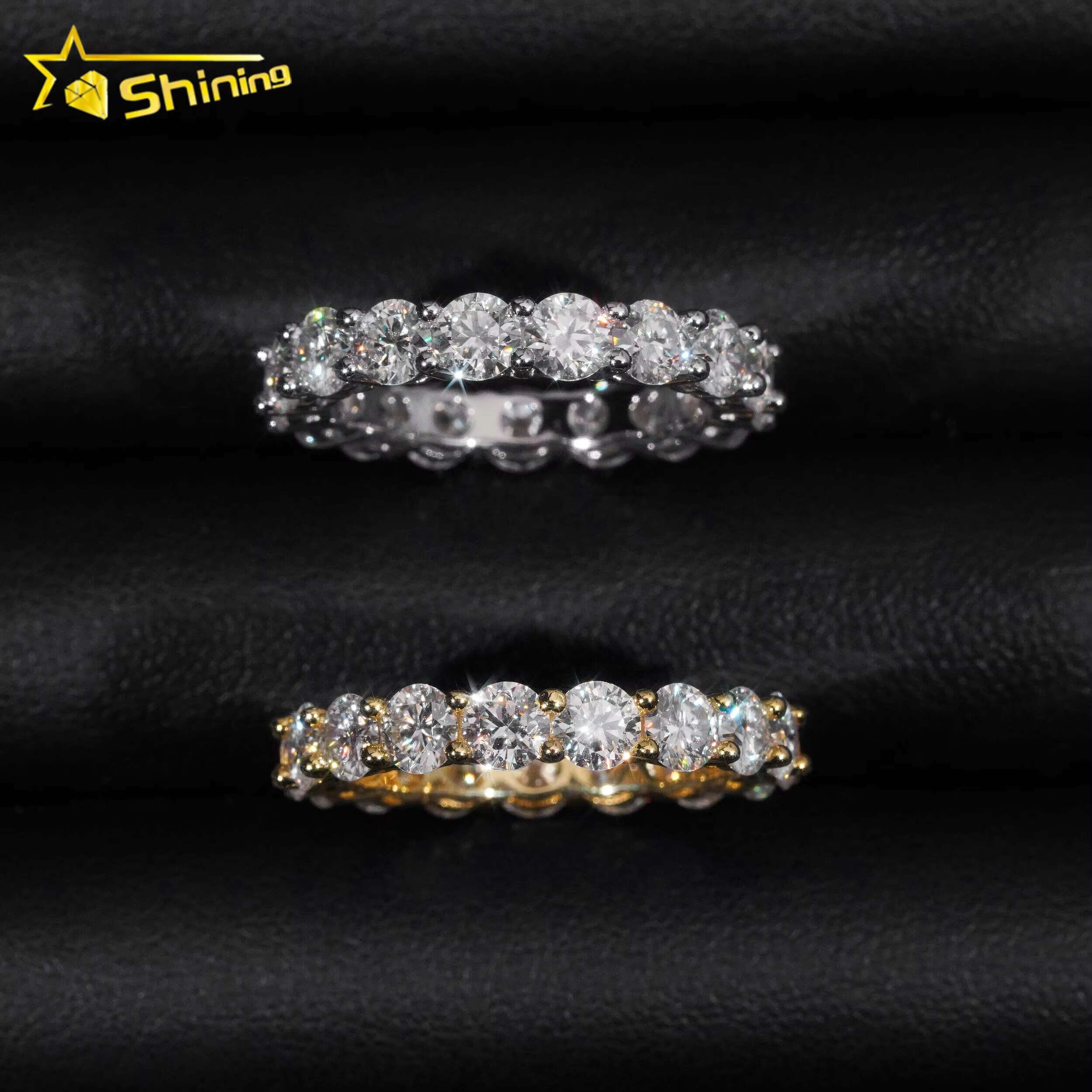 Stocks Solid 925 Sterling Silver Gold Plated Hip Hop Jewelry Luxury Fully Iced 4mm Diamond Moissanite Band Ring Eternity Rings
