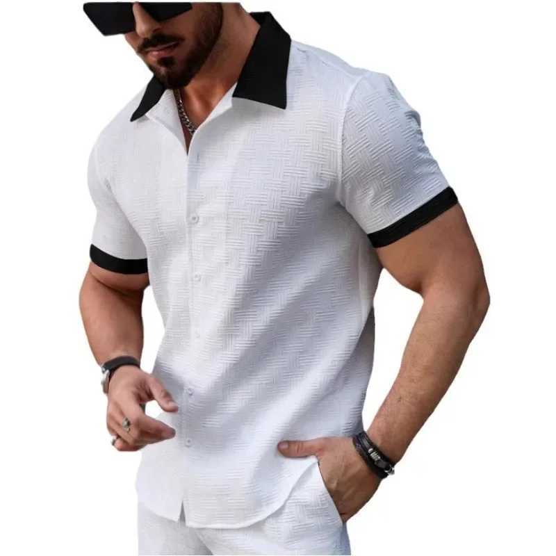 New Fashion Mens Jacquard Collocation Color Casual Short-sleeved Shirt Mens Casual T-shirt Men Clothing Polo Shirt XJ250605