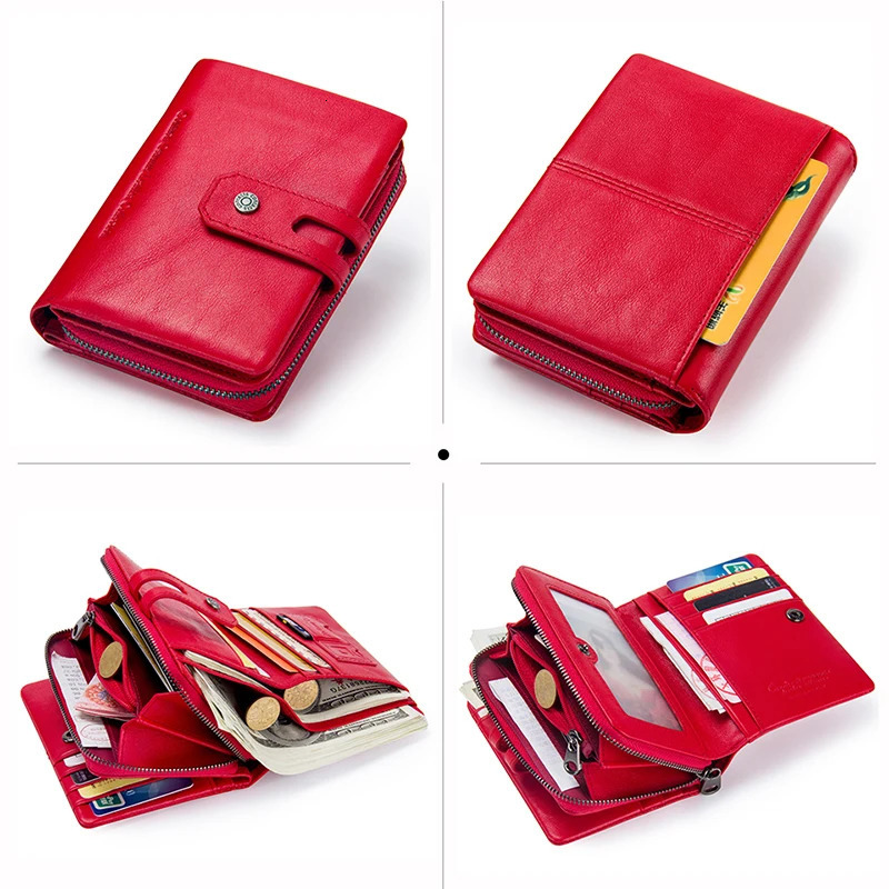 Contacts Wallet Women Zipper Genuine Leather Short Wallets Quality Coin Purse Hasp Button With Credit Cards Holder 250605