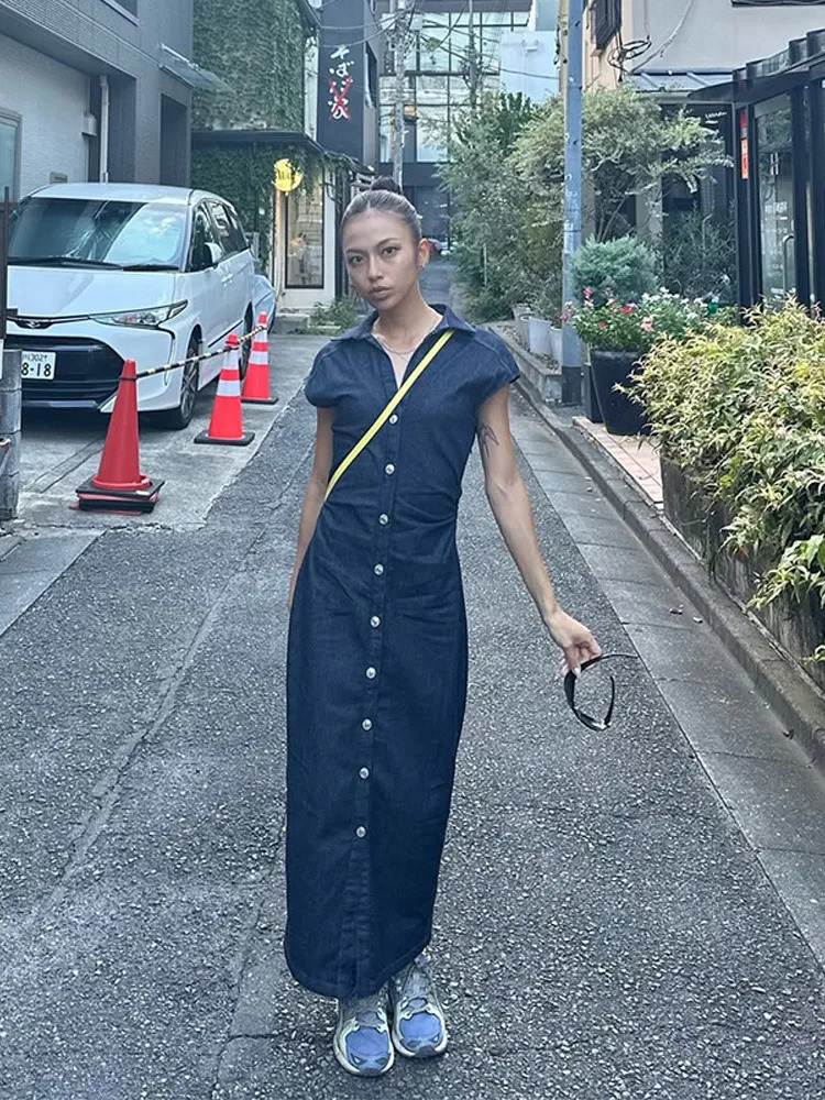 Elegant Pleated Women Denim Dress Turn-down Collar Single Breasted Slim Female Long Dresses 2025 Summer Fashion Lady Robe 250529