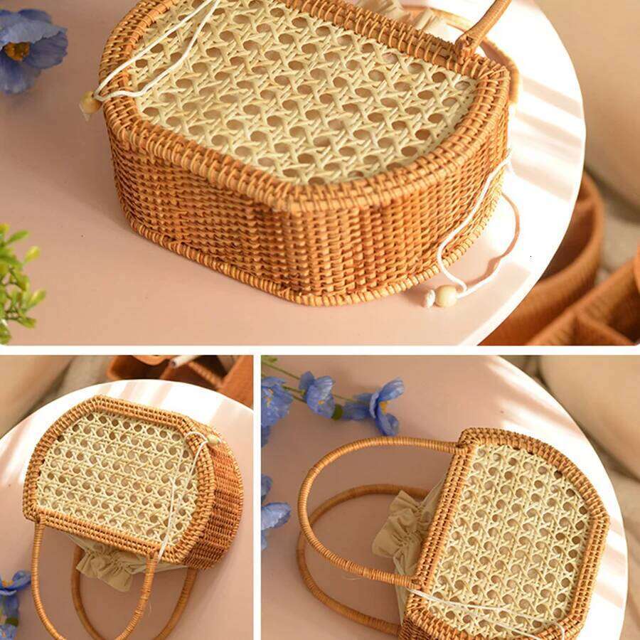 Rattan Basket Handbags Women Hollow Out Handwoven Drawstring Top-Handle Bag Summer Beach Female Storage Clutch Travel Totes