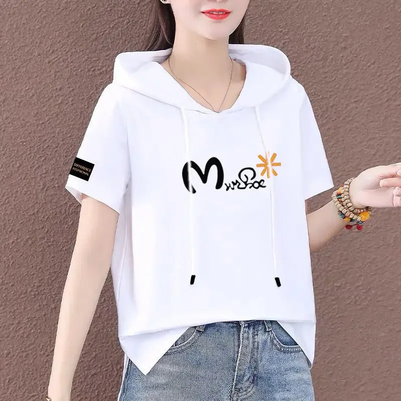Womens Cotton ShortSleeved Hoodie Loose TShirt Versatile Blouse Plus Size Summer 250604
