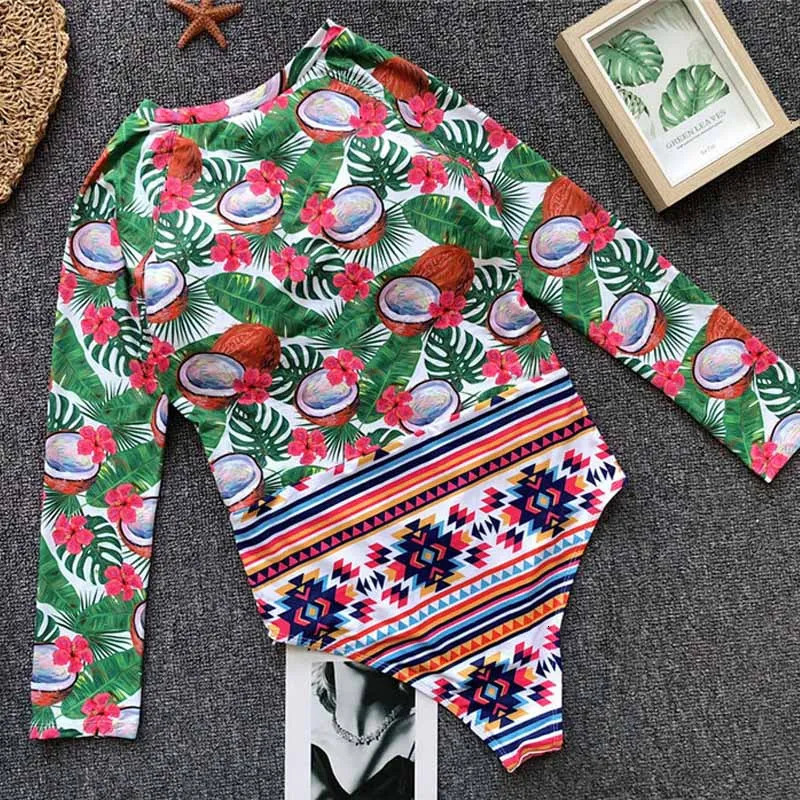 Vigorashely Long Sleeves Rash Guard Women Surf Swimwear Floral One Piece Swimsuit Diving Swimming Shirt Rashguard Wetsuits 250604