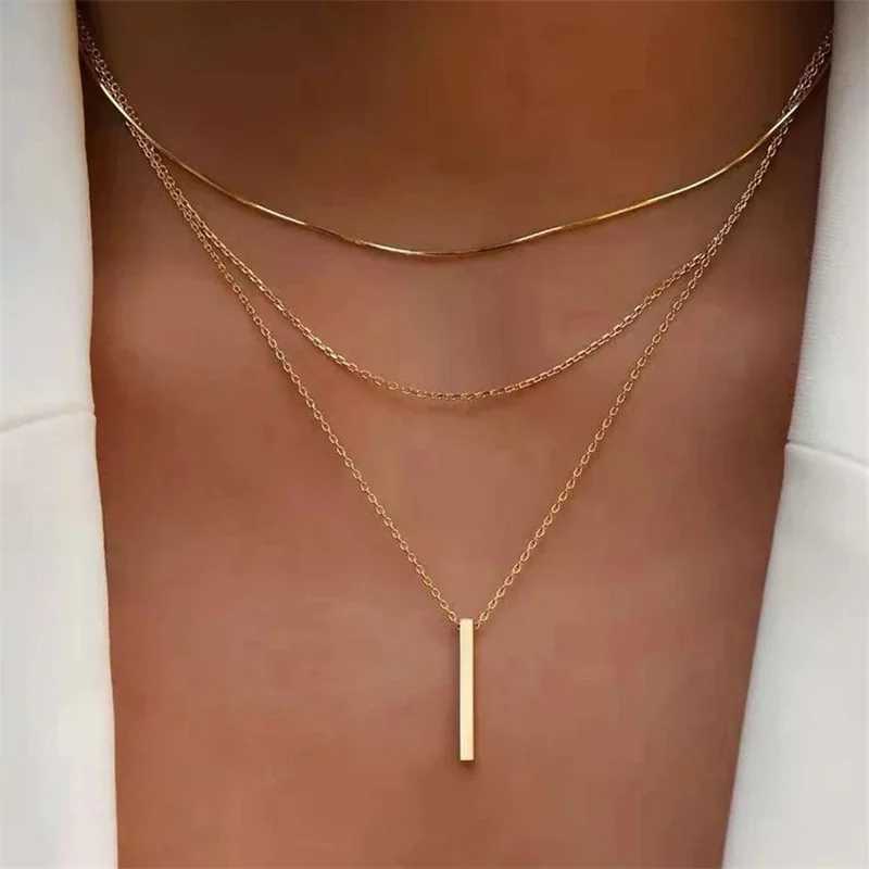 Vintage Layered Metal Bar Pendant Necklace for Women Daily Wear Gold Color Rectangle Clavicle Chain Collarbone Necklace Jewelry XJ250604