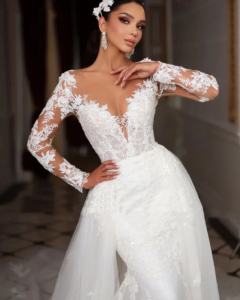 2025 New Modern Mermaid Wedding Dress Detachable Train Sheer Neck Long Sleeves Appliques Lace Tulle Church Bridal Bride Gowns Vestidos De Noiva