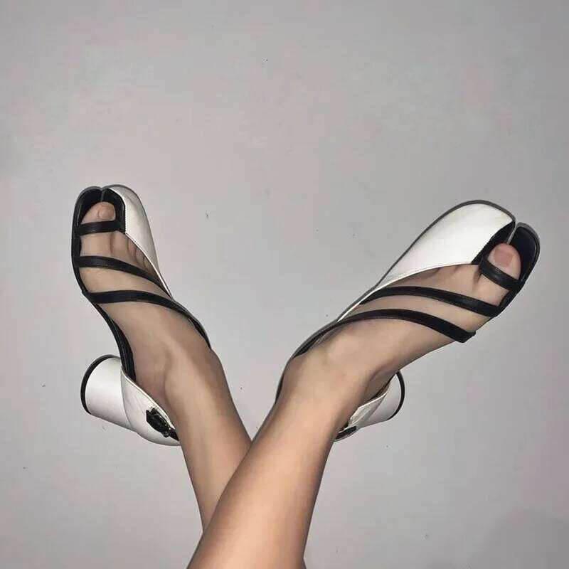 Summer Exposed Ankle Strap Sandals Split Toe High Heels Round Heel Tabi Shoes Women Party Zapatos Mujer