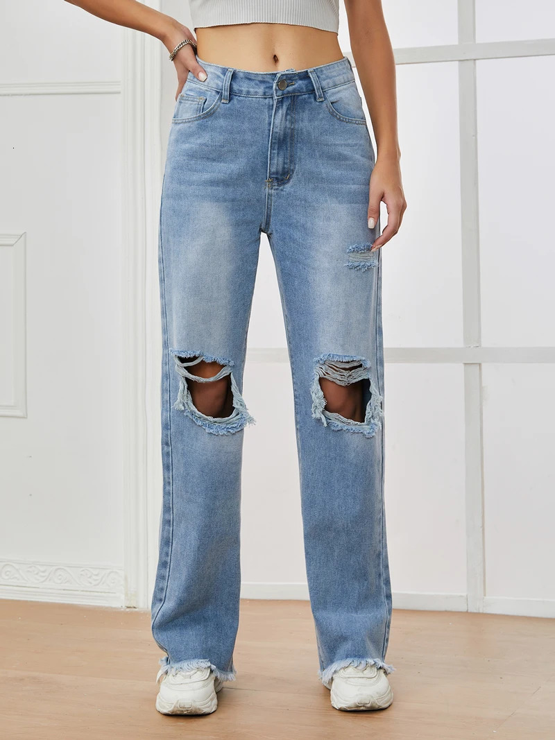 Ripped Jeans for Women Fashion Hole High Waisted Vintage Streetwear Loose Y2k Pants Full Length Jeans 250604