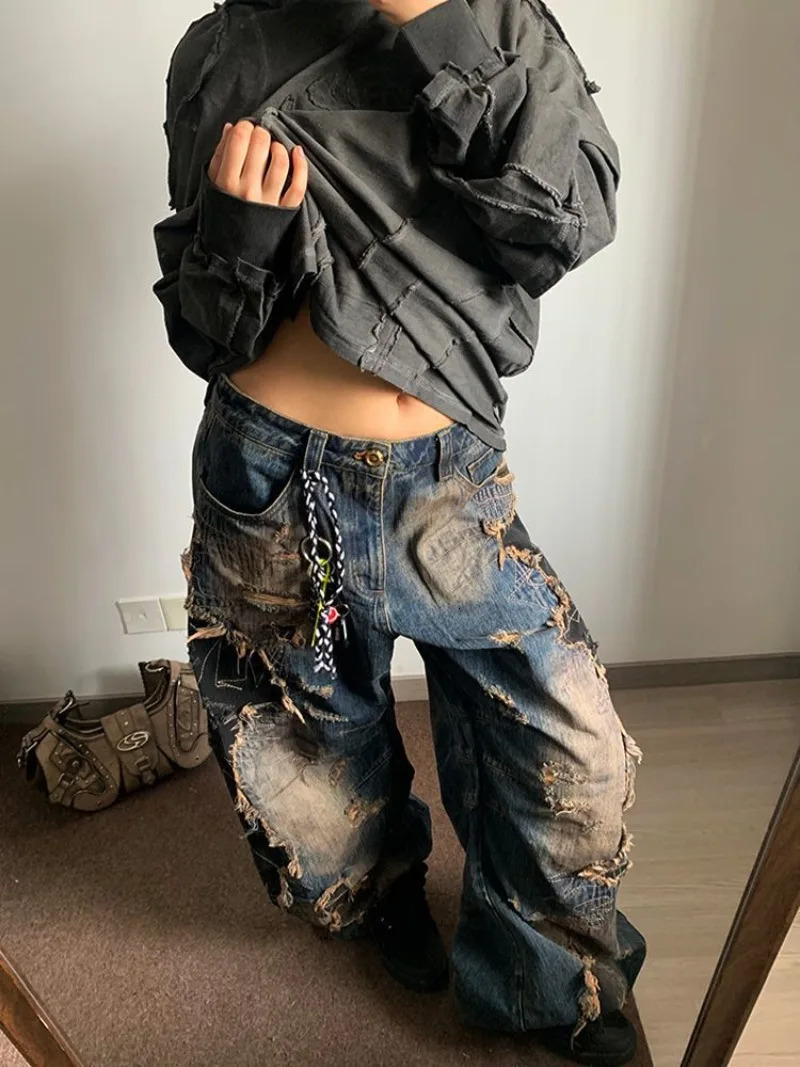 American Niche Heavy Industry Old Destructive Style Wash Jeans for Women Harajuku Fashion Retro Street Loose Casual Girl Jeans 250604
