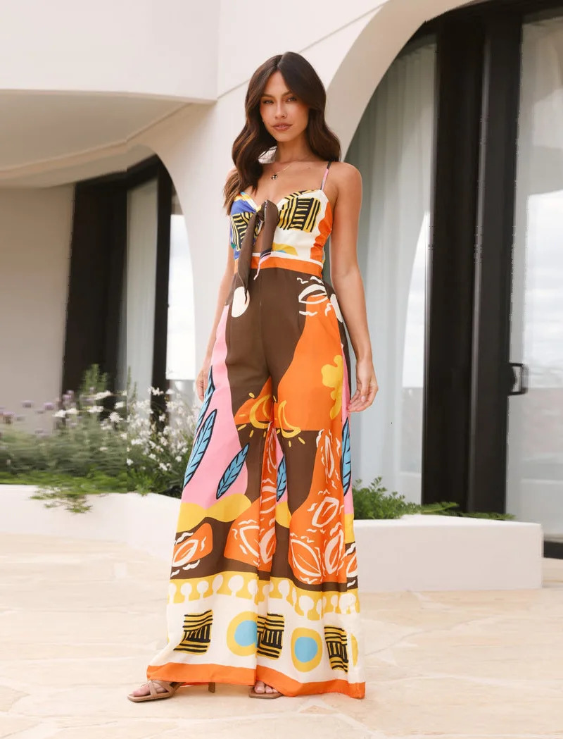 VEITCHE Summer Women Print Spaghetti Strap Jumpsuits Sexy Hollow Out Laceup High Waist Wide Legs Bohemian Vacation Jumpsuit 250604