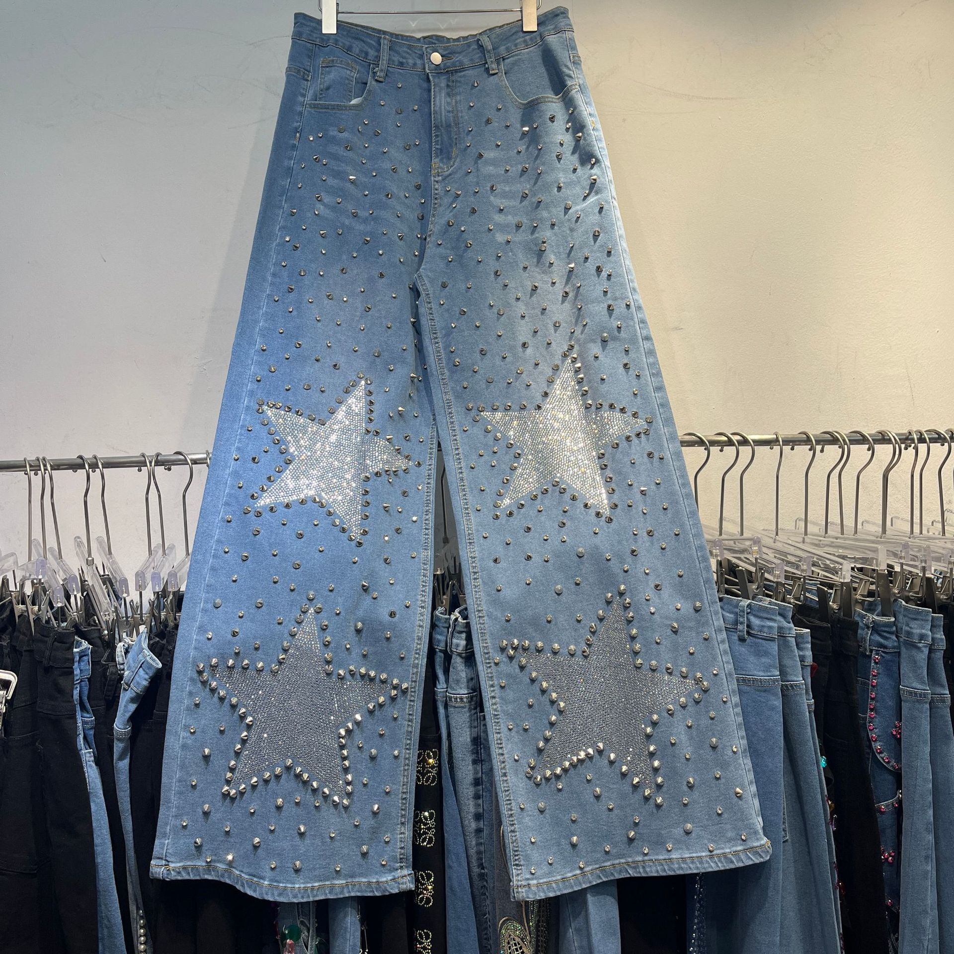 2025 Spring/Summer New Women's Pants, Retro Heavy Craft Water Diamond Women's Jeans, Spring/Summer Korean High Waist Slimming Designer Strai