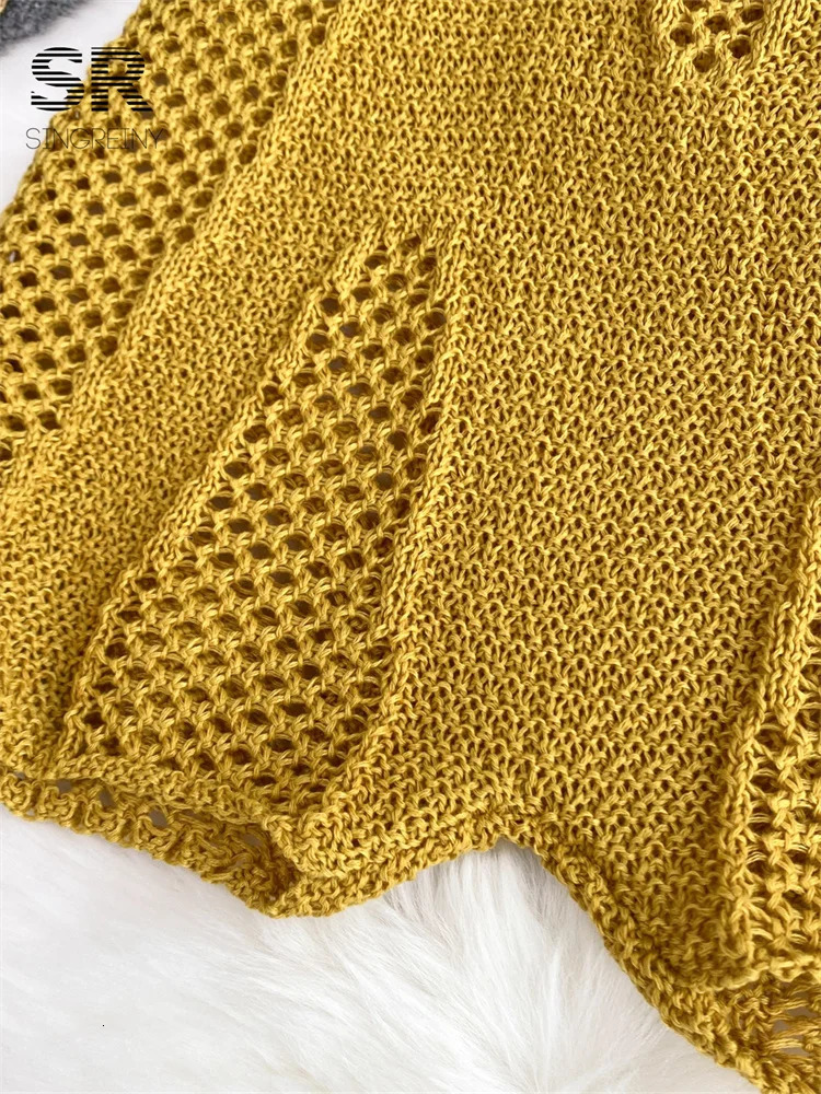 SINGREINY Yellow Sleeveless Jumpsuit Women Hollow Out O Neck Elegant Stretch Transparent Ladies Casual Summer Slim Rompers 250603