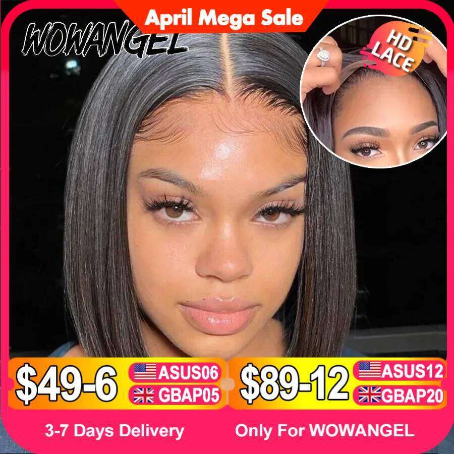 WOWANGEL Straight 5X5 HD Closure Ready To Wear Glueless 250% Bob Wig Lace Front Human Hair Wigs Pre Plucked