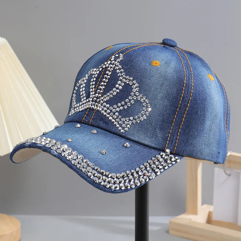 Women Autumn Crown Cotton Denim Baseball Caps Girls Diamond Bling Hat 250603