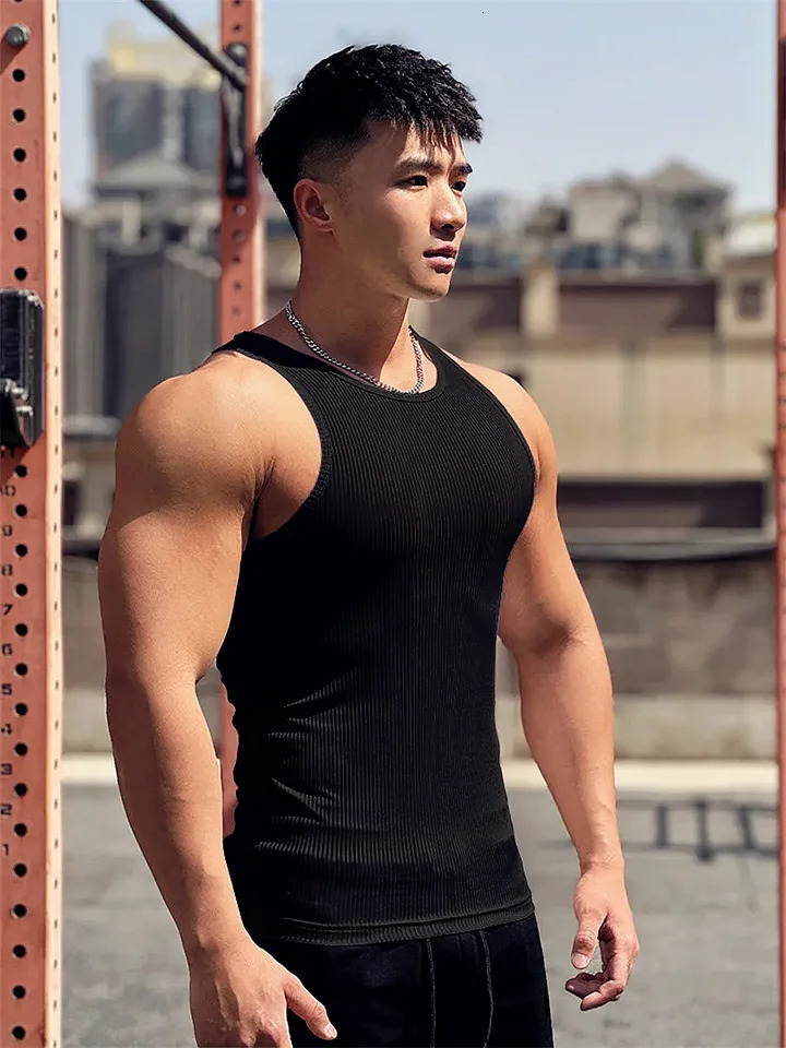Mens vest Elasticity stripe Round Neck Oversized Sleeveless T-Shirt Gym Sports Fitness Running Training Bodybuilding Tank Top 250605