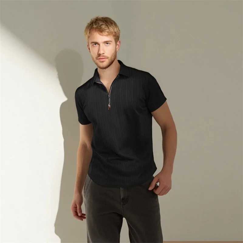 Mens Short Sleeve Jacquard Turn Down Collar Zipper Casual Tops - Stylish Fit Shirts for Summer Fashion XJ250605