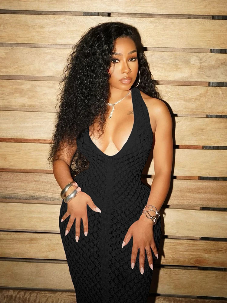 Wired Puss Backless Halter Dress Women Sexy Summer Deep VNeck Hollow Tassel Solid Patchwork Slim Midnight Party Club Dresses 250604