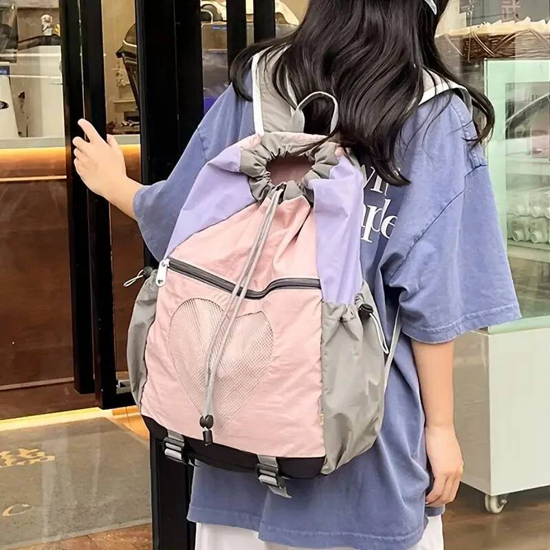 Women Girls Color-Block Laptop Backpack Nylon Drawstring Adjustable Strap Rucksack For Travel School