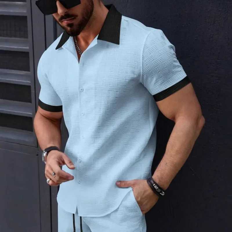 New Fashion Mens Jacquard Collocation Color Casual Short-sleeved Shirt Mens Casual T-shirt Men Clothing Polo Shirt XJ250605
