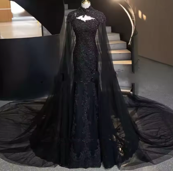 Black Gothic Mermaid Wedding Dresses with Cape Lace Applique sweetheart corset Vintage Long Bridal Gowns customized