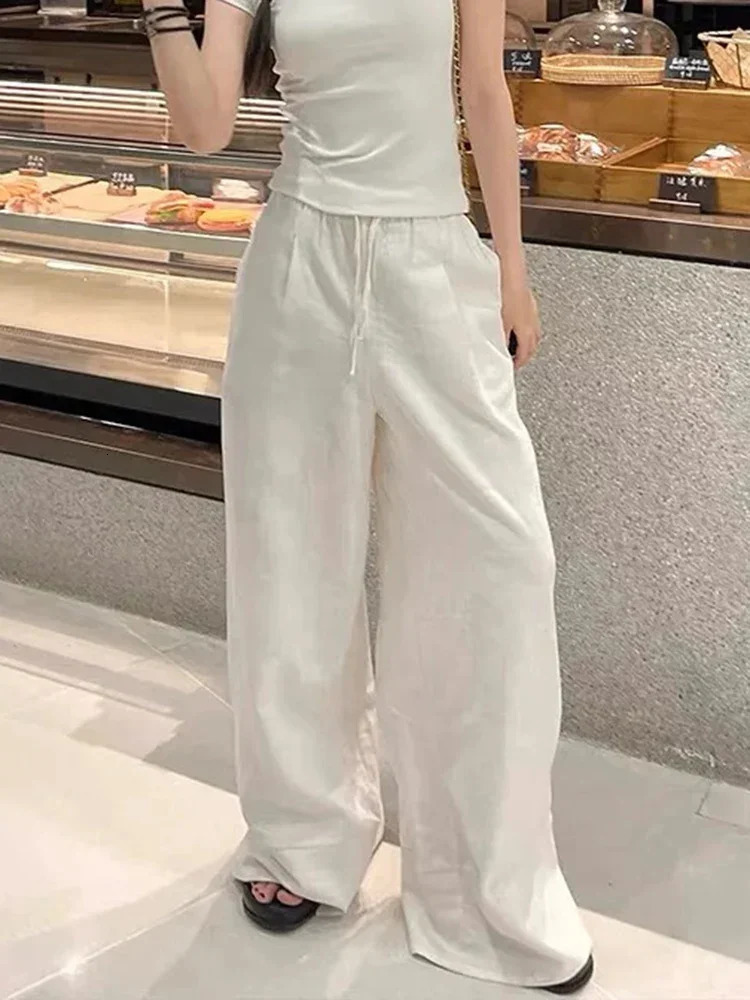 Simple Solid Color Lazy Style Drawstring Loose Wide Leg Pants Retro Fashion High Street Elastic Waist Womens Casual Pants 250604