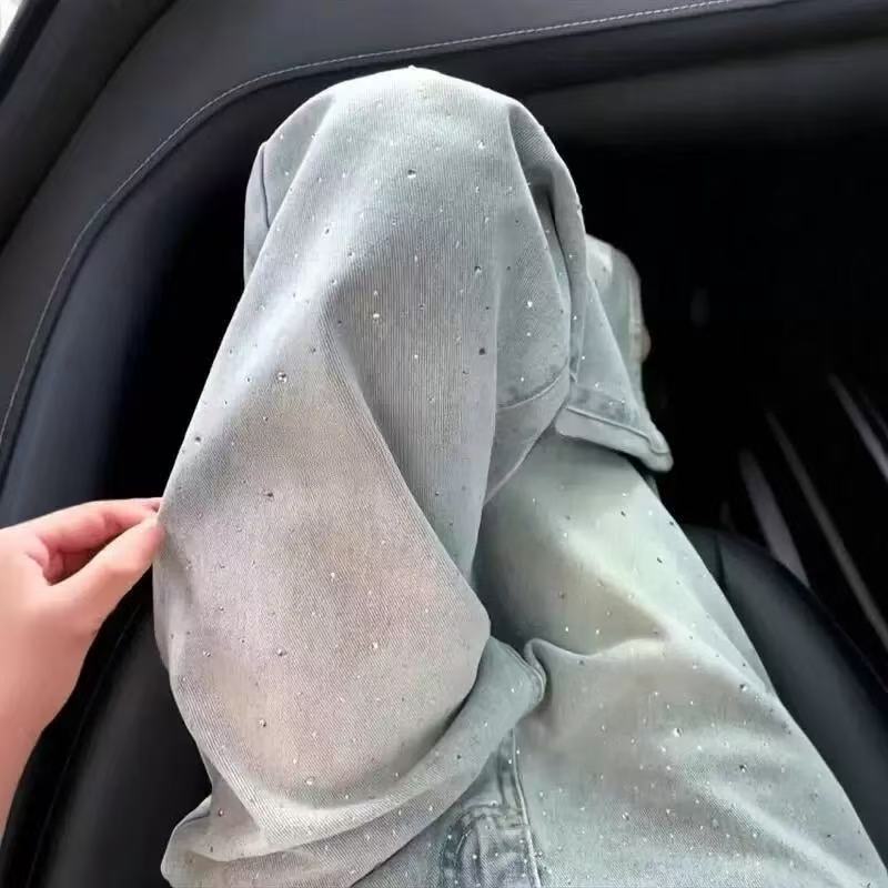 2025 Spring/Summer New Women's Pants Retro Light Color Diamond Adorned Straight leg Women's Jeans New High Waist Slimming Designer Casual Wi