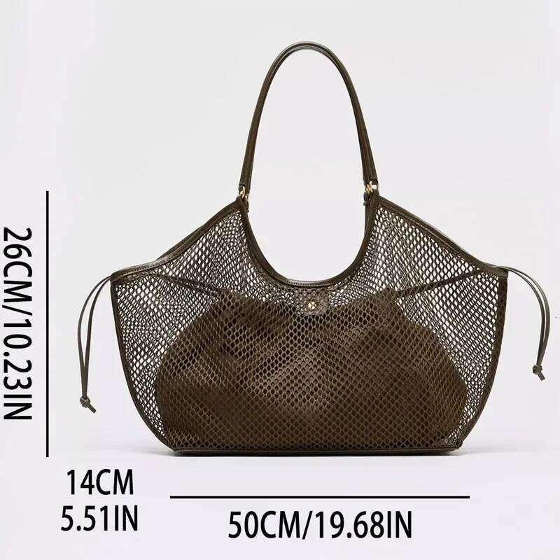 Large Capacity Women's Hollow Mesh Beach Handbag Travel Vacation Storage Tote Bag