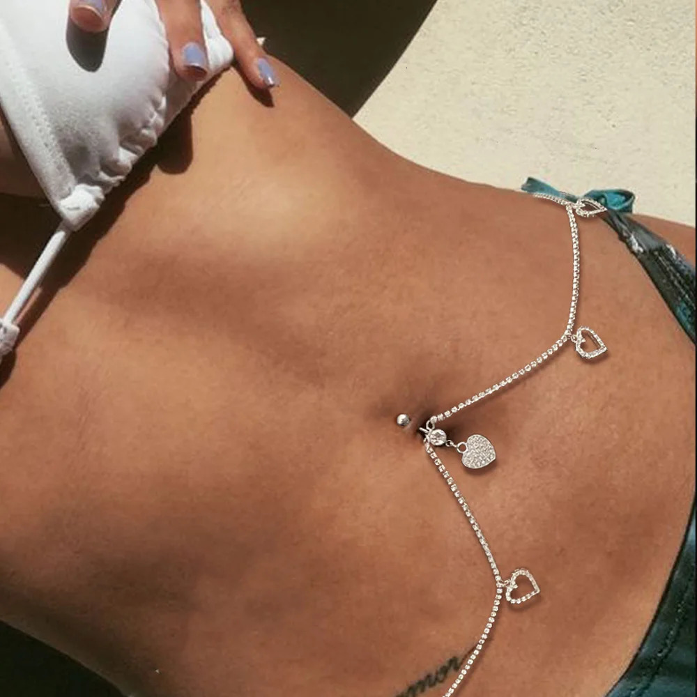 Stonefans Women Sexy Rhinestone Heart Belly Button Waist Chain Fashion Love Pendant Navel Piercing Chain Ring Body Jewelry Party 250530