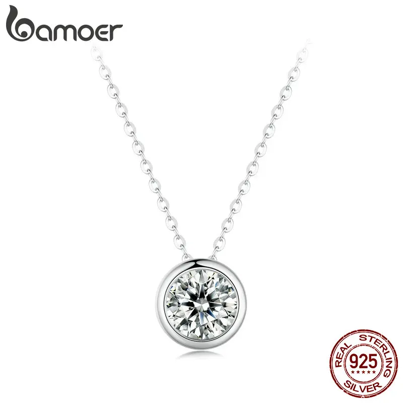 BAMOER 1CT Bezel Moissanite Necklace D color VVS1 Lab Diamond Necklace for Women 925 Sterling Silver Wedding Jewelry Minimalist Women Romantic Gift MS