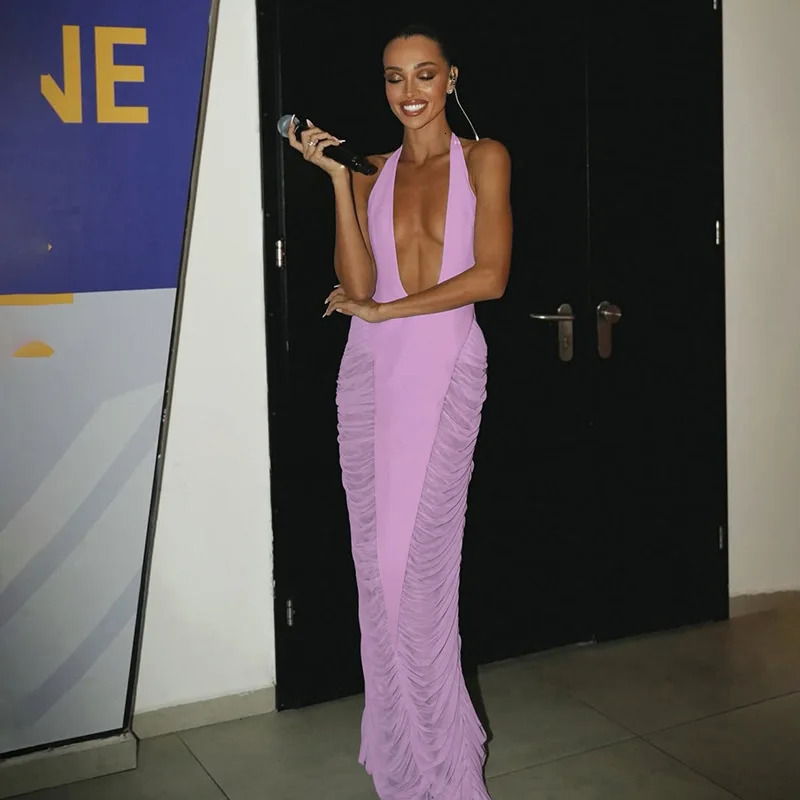 VEITCHE Summer Women Halter Deep V Neck Sexy Maxi Purple Dress Gown Patchwork Mesh High Waist Ruched Club Party Long Dress 250604