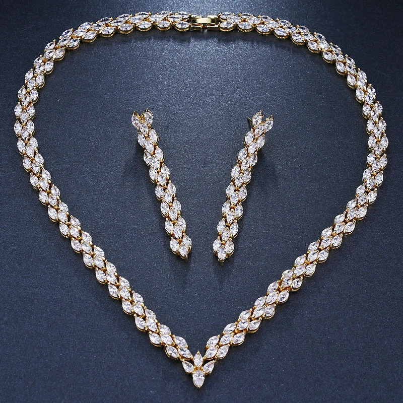 Emmaya Exquisite Cubic Zirconia Wedding Party Jewelry Set Gold Color High Quality CZ Bridal Necklace Earring 250530