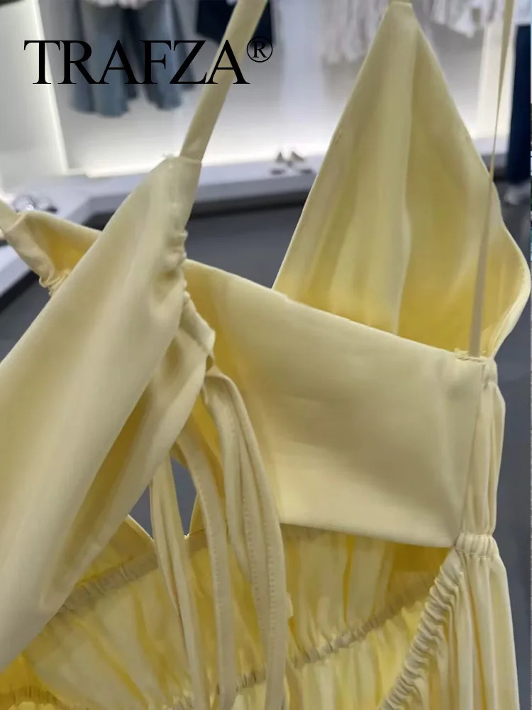 TRAFZA Woman Yellow Dress For Beach Party Midi Women Strapless Backless Drawstring Pleated Dresses Summer Vestidos 250604