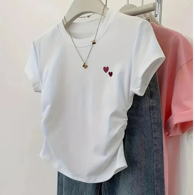 Fashion Print T-shirts Summer Solid Color Top Cute Girls Short Sleeve Slim Fit Round Neck T-shirt Womens Short Tops 250529
