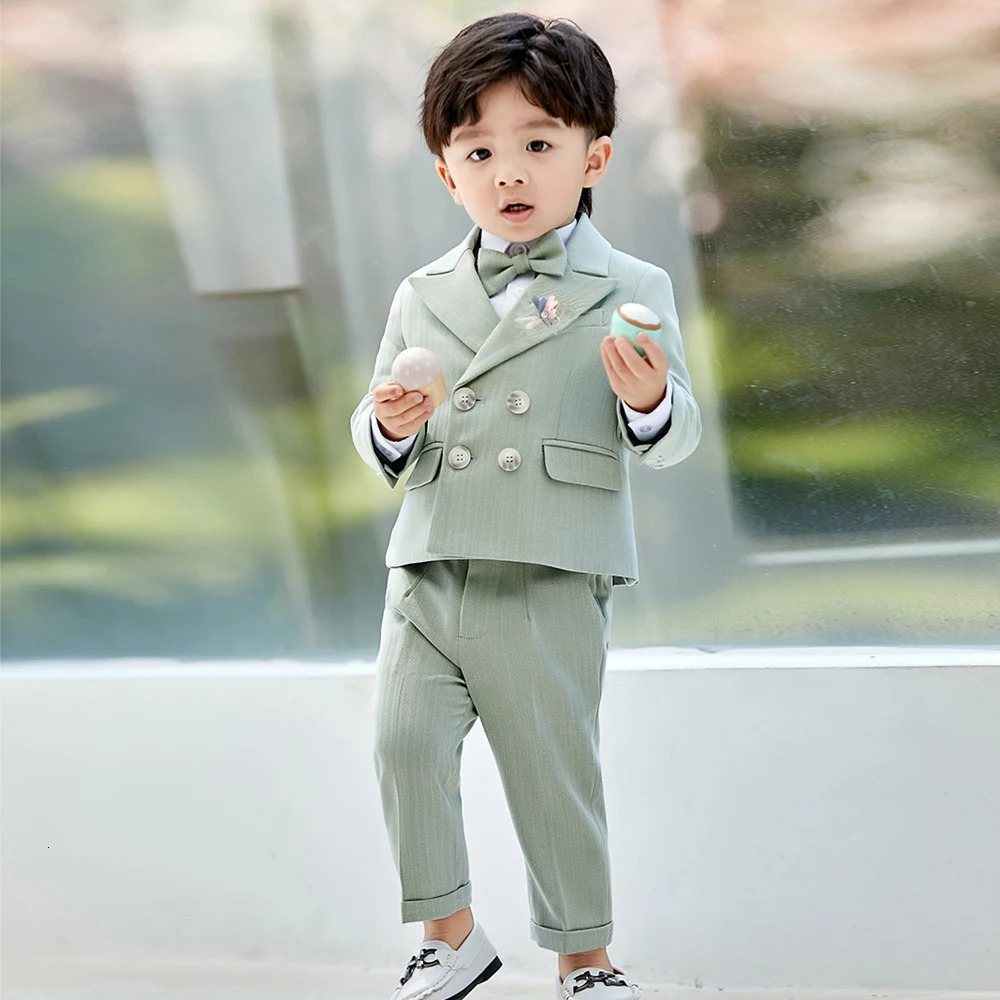 Boys Suits British Childrens Clothing Set Baby Flower Girl Dresses Handsome First Birthday Party Fashion Green Formal Suit 250530