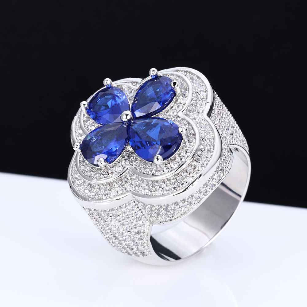 New Blue Flower Design Ring for Men Hip Hop Micro Paved Moissanite Four-Leaf Clover Ring moissanite