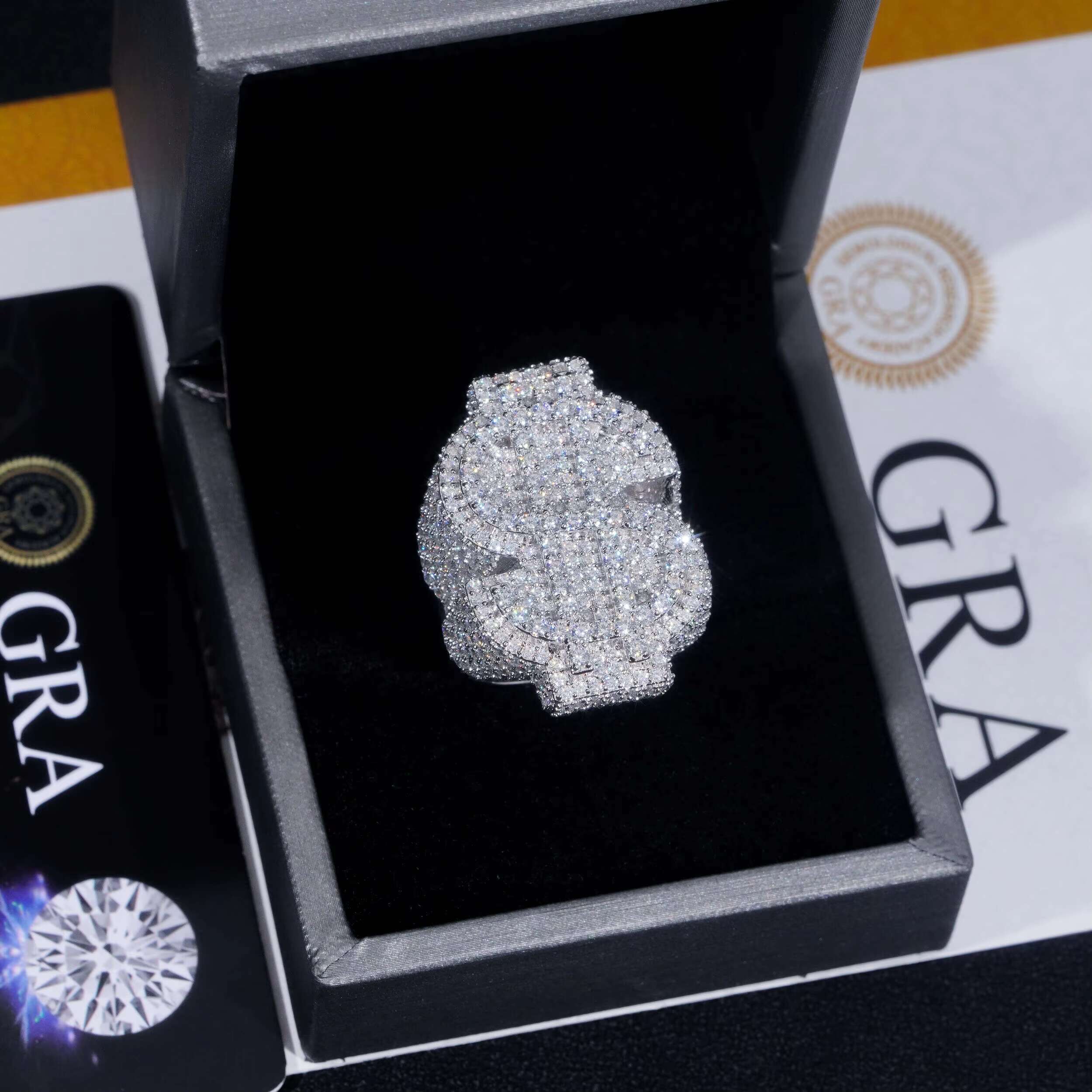 Hot Selling GRA Certificate High Quality 925 Silver Gold Plated Fine Jewelry Iced Out Hip Hop Ring Moissanite Dollar Ring