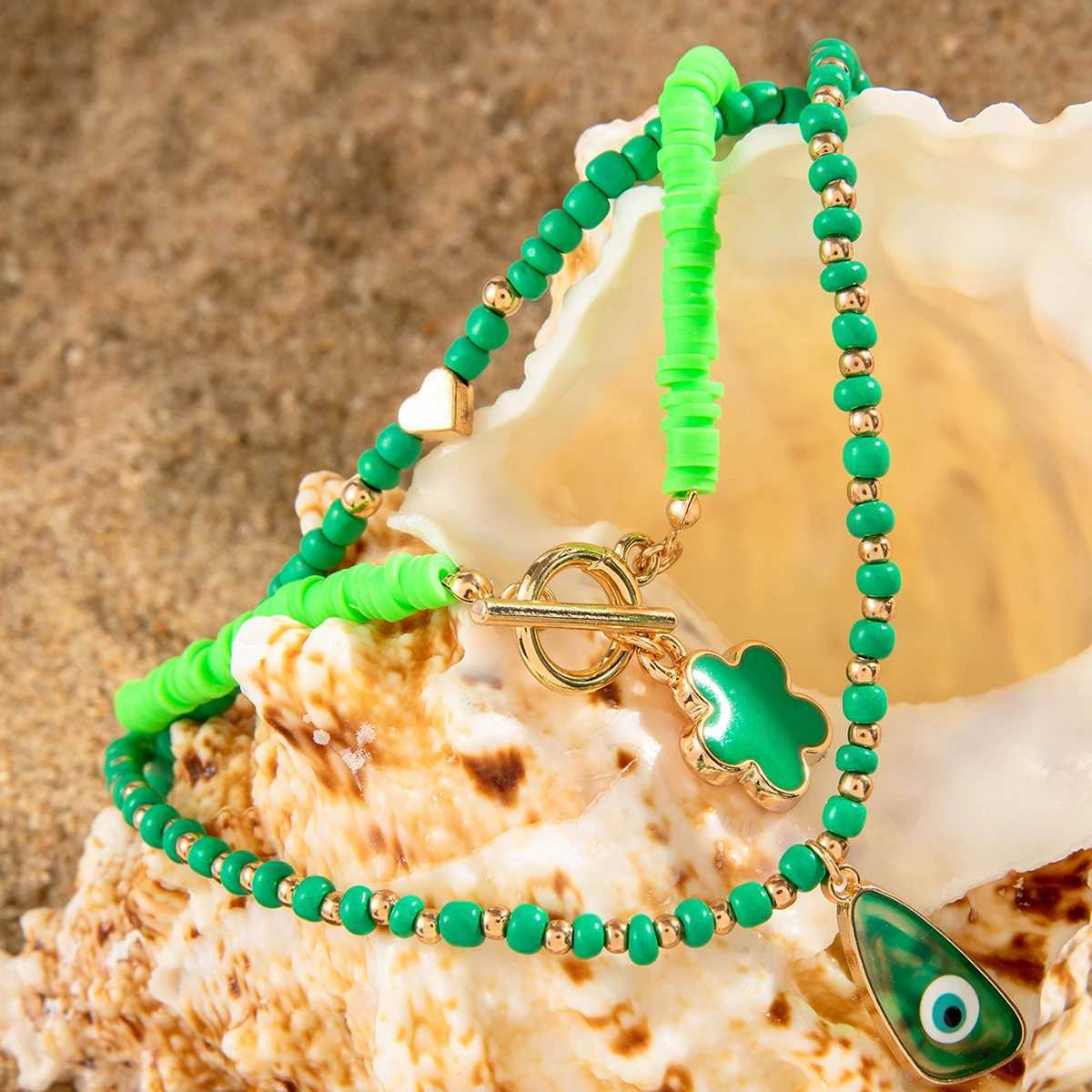 Tocona Bohemia Green Color Bead Flower Pendant Necklace for Women Fashion Summer Adjustable Geometric Beach Jewelry Party GiftXJ250604