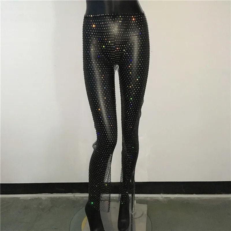Sexy y2k streetwear Fishnet Rhinestone pants women clothing see through club party vintage clothes wide leg trousers 250604