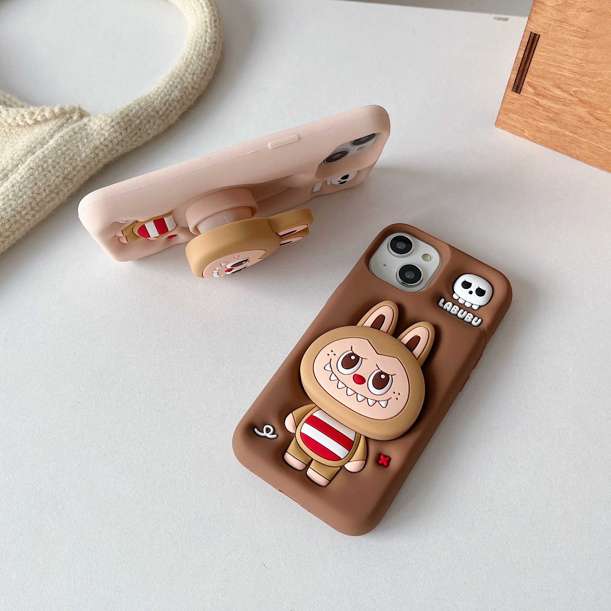 3D Cute Cartoon Stripe Labubu Soft Silicone Phone Case Back Cover For iPhone 14Plus 15Pro 11 12 13 16 Pro Max Telescopic Holder X2506051