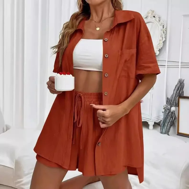 2024 Fashionable Casual Shorts TwoPiece Suit Loose Fit SingleBreasted Shirt Solid Colors Versatile Womens Wardrobe 250605Z