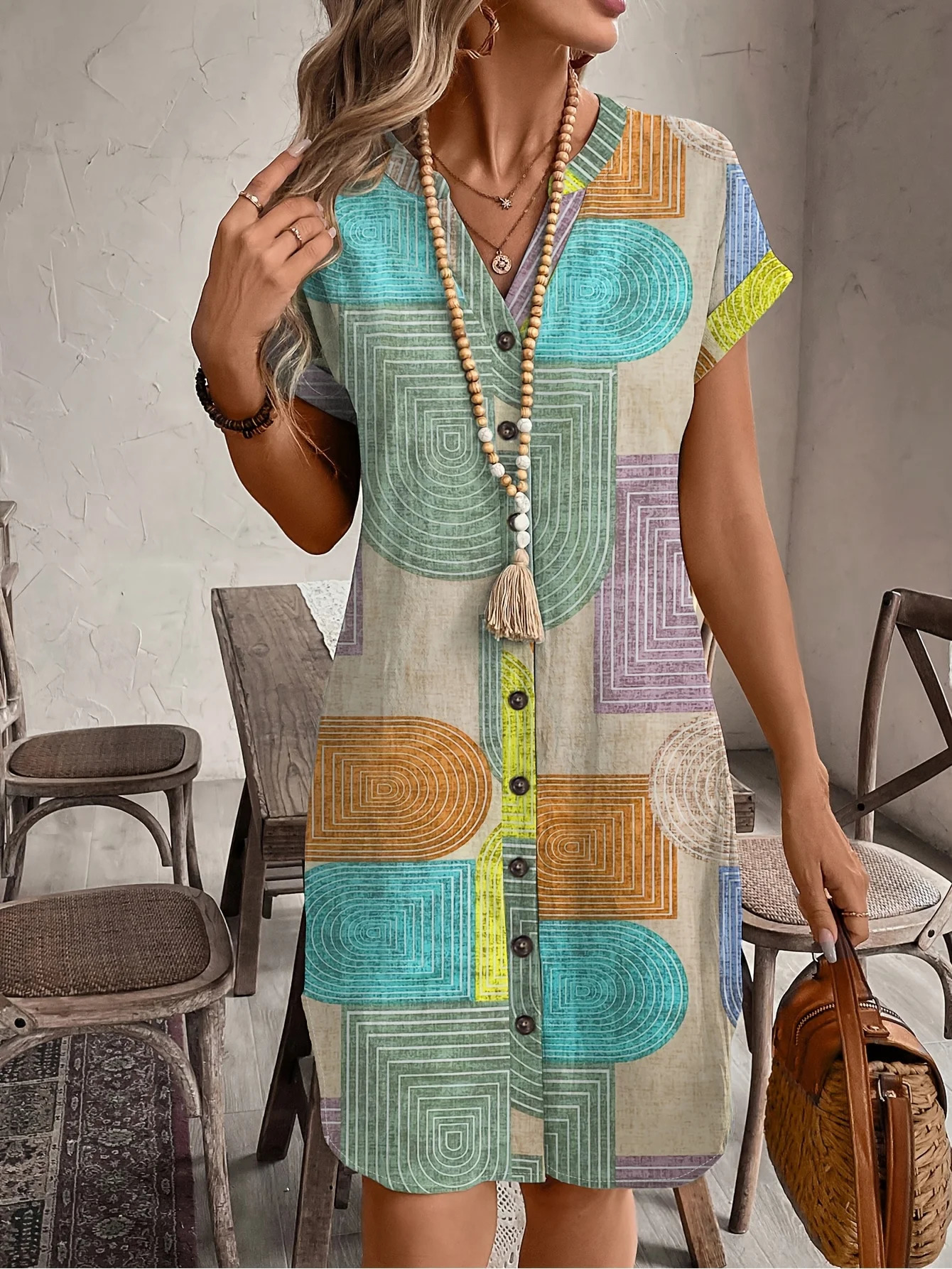 Womens Elegant VNeck ButtonUp Dress Summer Geometric Print Comfortable Fashionable 250604