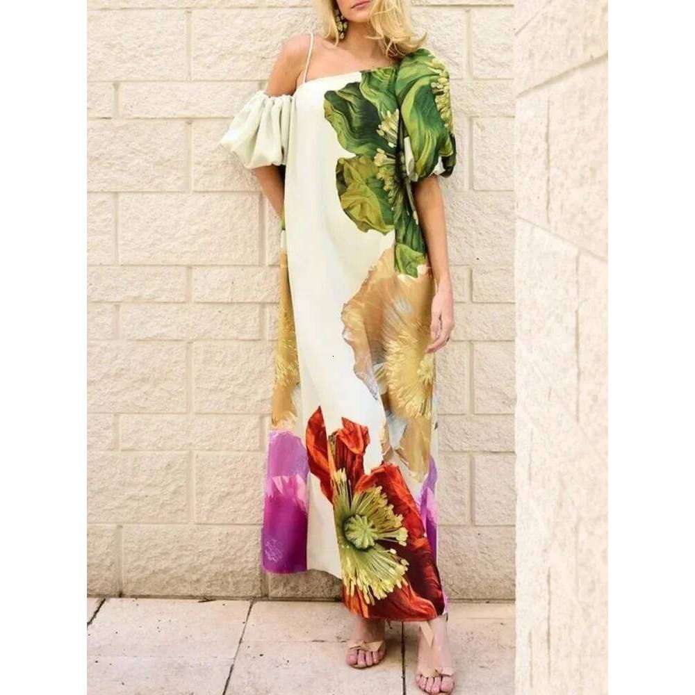 Women Elegant Floral Printed Evening Banquet Maxi Dresses 2025 New Summer Puff Sleeves One-Shoulder Party Prom Long Dress