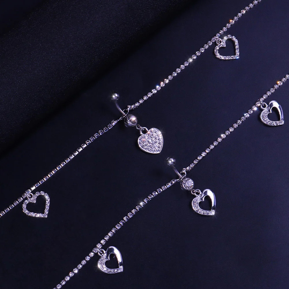 Stonefans Women Sexy Rhinestone Heart Belly Button Waist Chain Fashion Love Pendant Navel Piercing Chain Ring Body Jewelry Party 250530